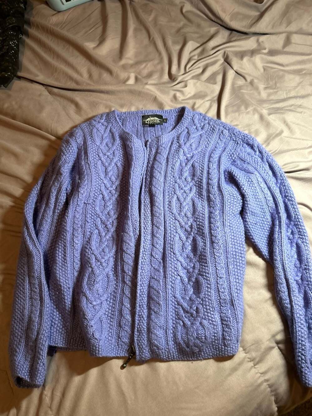 Icelandic Design Women's Purple Cable Knit Full Zip Cardigan Sweater, Size L